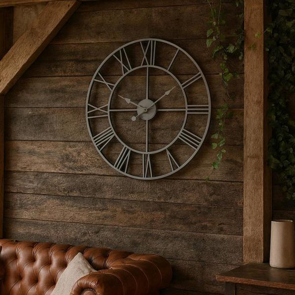 Wyld Haus Minimalist Grey Metal Open Frame Wall Clock with Roman Numerals