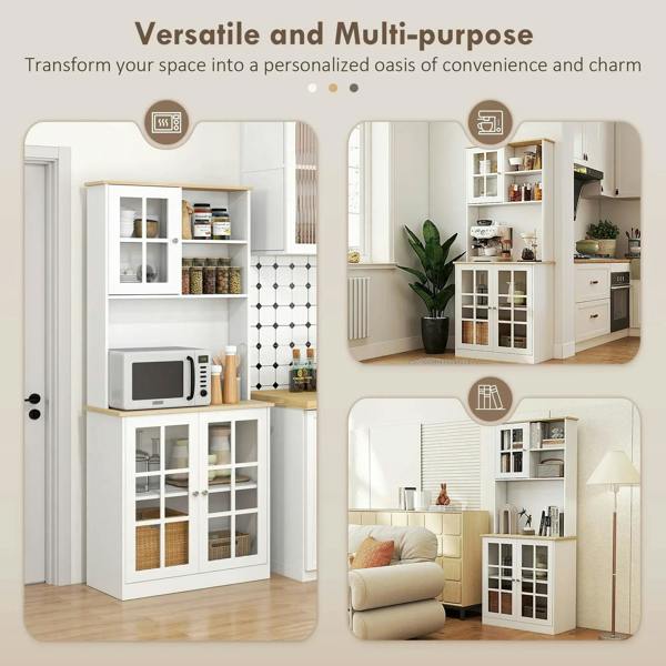 White freestanding kitchen cupboard with grid glass doors and open storage compartments