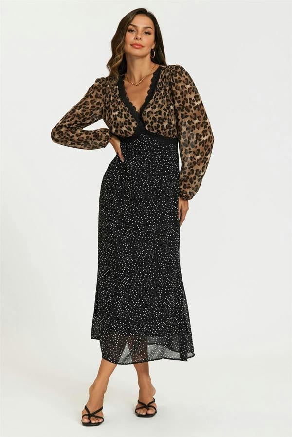 FS Collection Black Dot & Brown Leopard Print Long Sleeve Maxi Dress