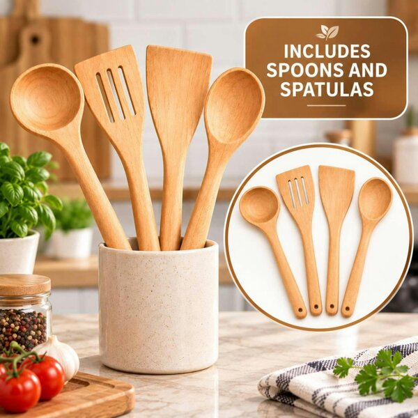 Dyzi 4 Piece Wooden Kitchen Utensil Set Cooking Spoons Spatulas Wood