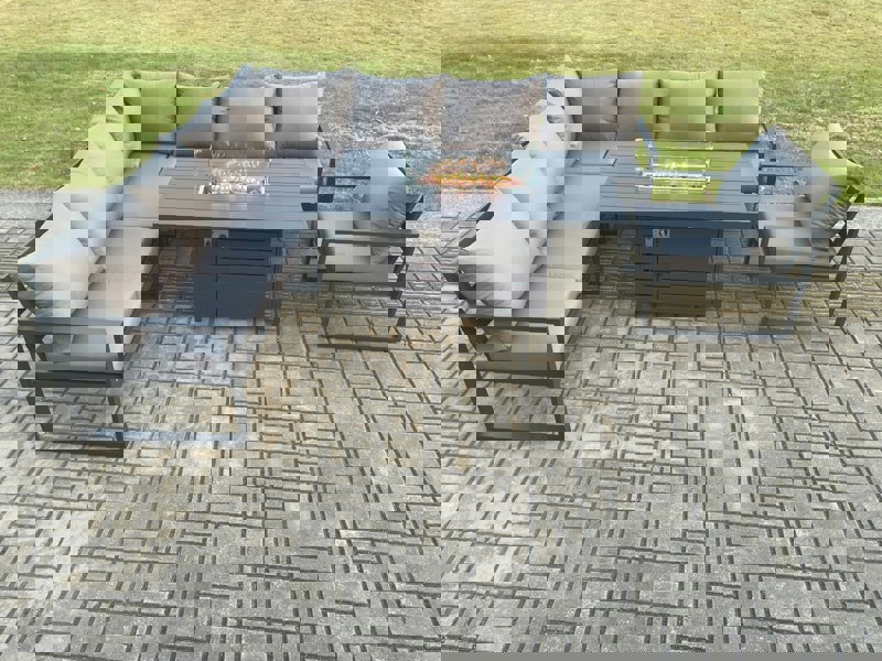 Fimous Aluminium 7 Pieces Garden Furniture Corner Sofa Set with Cushions Gas Fire Pit Dining Table Set Gas Heater Burner with Chair Dark Grey