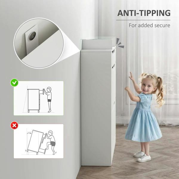 White shoe storage cabinet with anti-tipping wall anchor and secure side panel