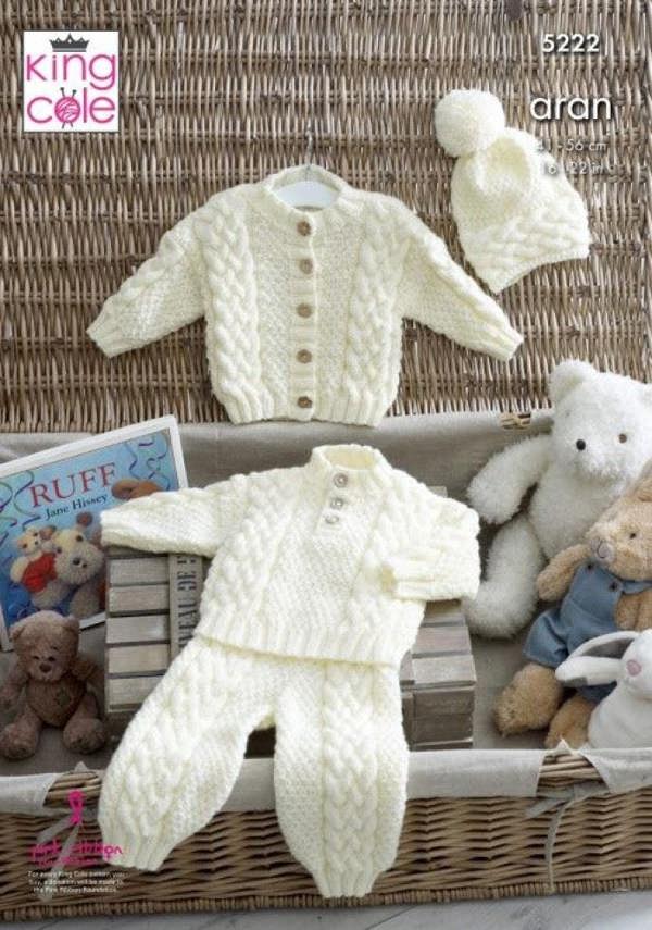 King Cole Comfort Aran Knitting Pattern 5222, Sweaters, Cardigans, Headwear, Trousers for Baby, 3 - 24 Months