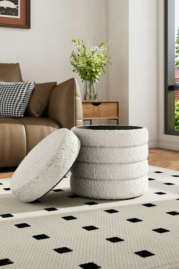 Living and Home Beige Upholstered Round Storage Ottoman for Bedroom Living Room and Makeup Room
