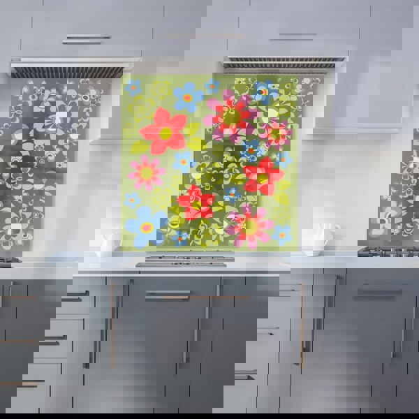 Warren Reed - Designer Red And Blue Flowers Kitchen Splashback