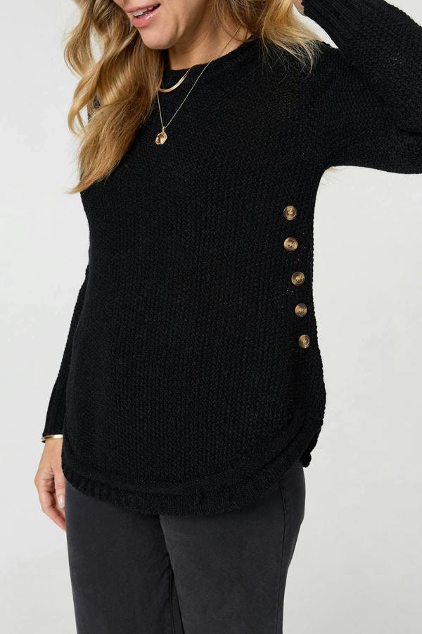 Black | Textured Relaxed Long Sleeve Jumper