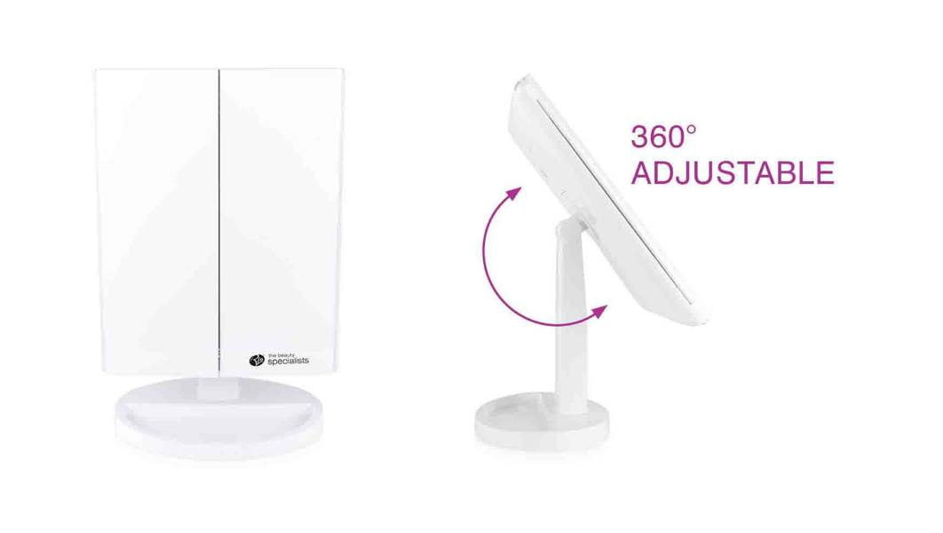 Full size LED make up mirror with trifold doors closed alongside side view of mirror tilted back with arrow showing 360 degree adjustable design 