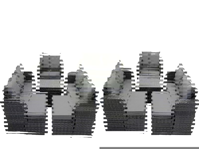 Fimous 3 Seater Sofa Reclining Chair Coffee Table Set Rattan Garden Outdoor Furniture Set with 2 Big Footstools Dark Grey Mixed