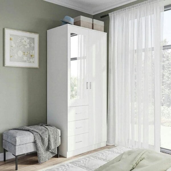 Bobobiy 2 Door 3 Drawer Mirrored Wardrobe with Hanging Rail, Modern Clothes Storage Cupboard with Mirror, 80 x 50 x 180 cm, White - White