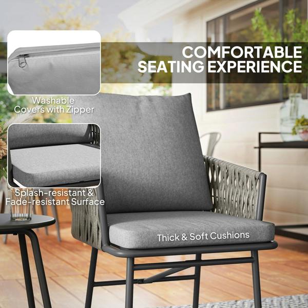 Wyld Haus Sunoco Grey Rattan Weave Rope 3 Piece Bistro Set With Cushions And Glass Coffee Table