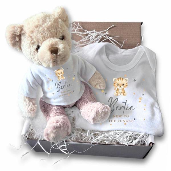 Personalised New to the Jungle Tiger Gift Hamper Baby Gift Box - Teddy & Vest