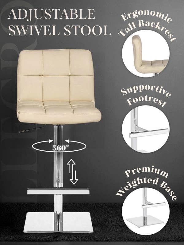 Lamboro Allegro Signature Real Leather Adjustable Swivel Bar Stool with Square Base & Chrome Frame