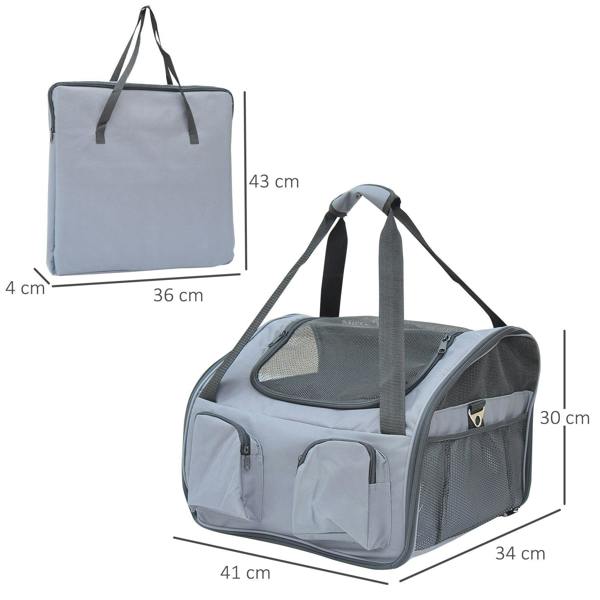 Grey pet carrier bag with carrying handles, mesh door panels, and zip side pockets