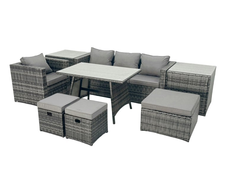 Fimous Rattan Dining Table Sofa Armchair Set with 2 Side Tables 3 Footstools Outdoor Garden Furniture Set Dark Grey Mixed