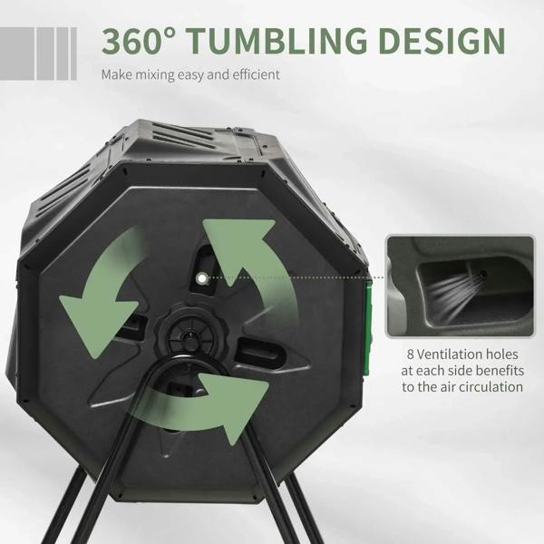 Black dual-chamber composter with 360° tumbling arrows and ventilation holes