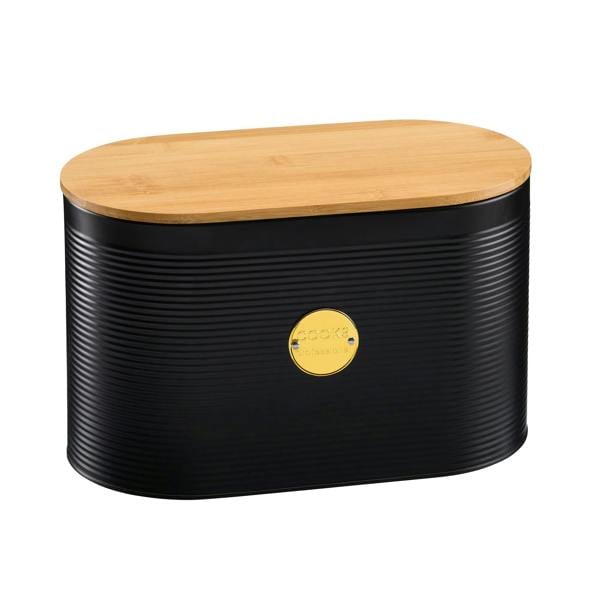 Cooks Professional Bread Bin, Linen Bag and Bamboo Board Set | Black / Gold