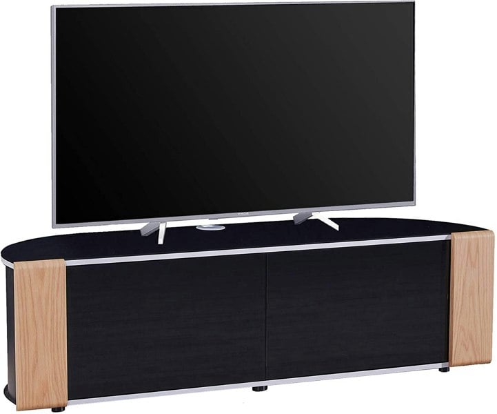 MDA Designs Sirius 1600 TV Cabinet Gloss Black Stand with BEAMTHRU Remote-Friendly Glass Door, Walnut/Oak Trims for TVs up to 70” TV