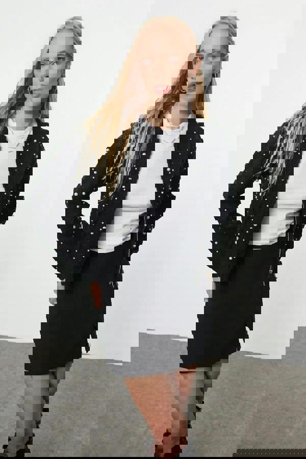 WOVCOR Soft Textured Zippered Knit Cardigan with Stone Details