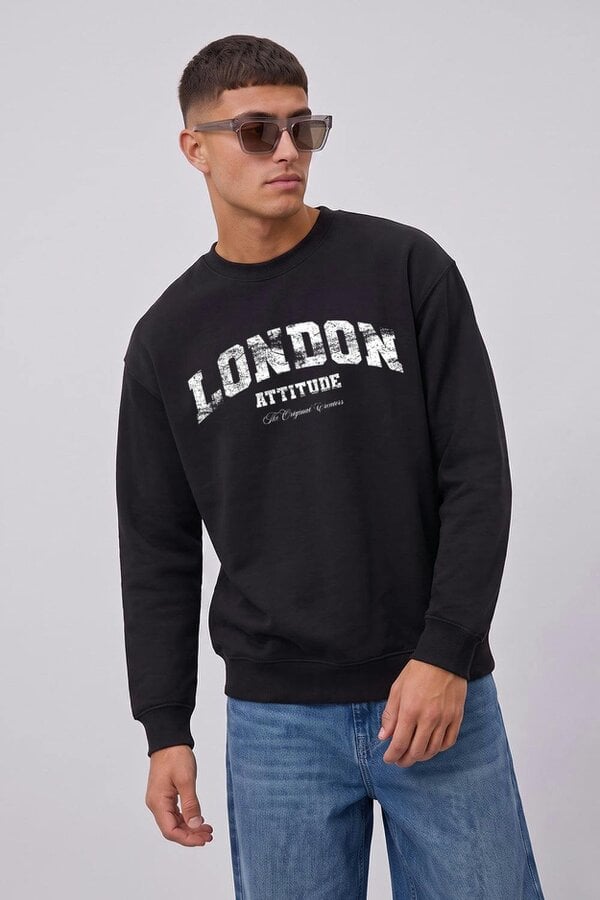 London Attitude Relaxed Fit Collegiate Graphic Sweatshirt in White