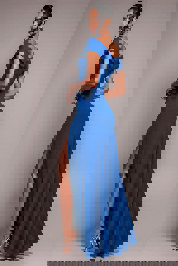 Scuba Crepe Off Shoulder Front Split Maxi Dress  - Royal Blue DR2930SC