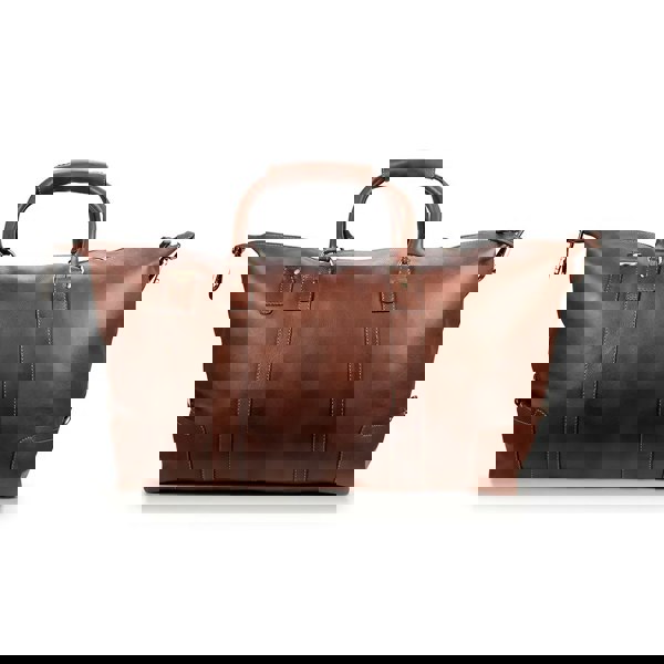 Front-centred view of the brown leather holdall, highlighting the smooth leather finish and minimalistic design.