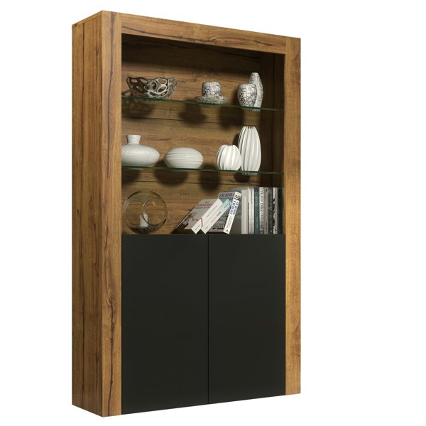 Mex Furniture Tall Display Cabinet 170cm Oak Matt Body and Black Matt Doors – Modern Open Shelving Unit