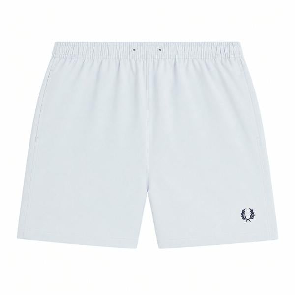 Fred Perry Swim Shorts in dusky blue with elastic waist and embroidered laurel wreath logo.
