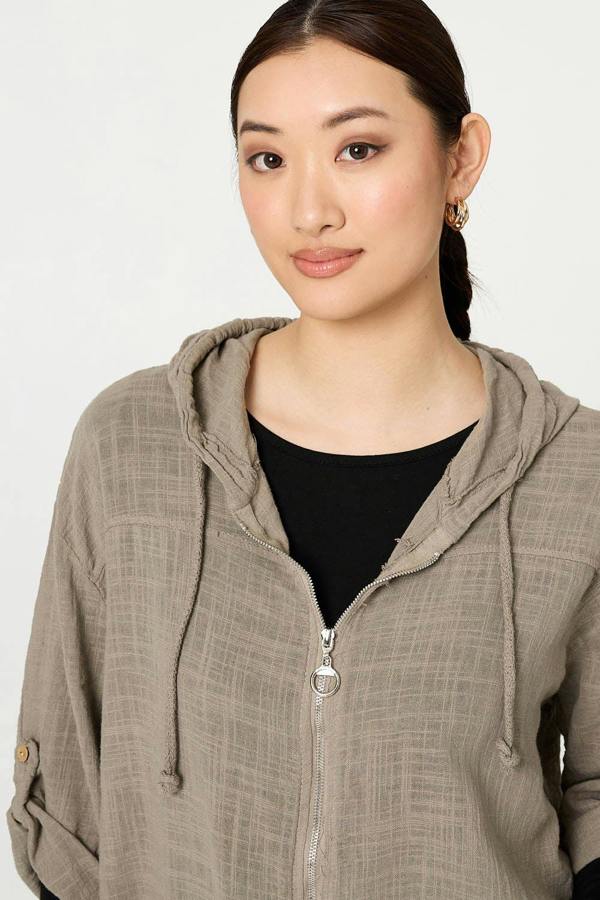 Stone | 3/4 Sleeve Hooded Zip Front Jacket