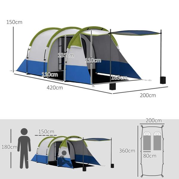 Three-room tent with porch, layout diagram with multiple openings and support poles