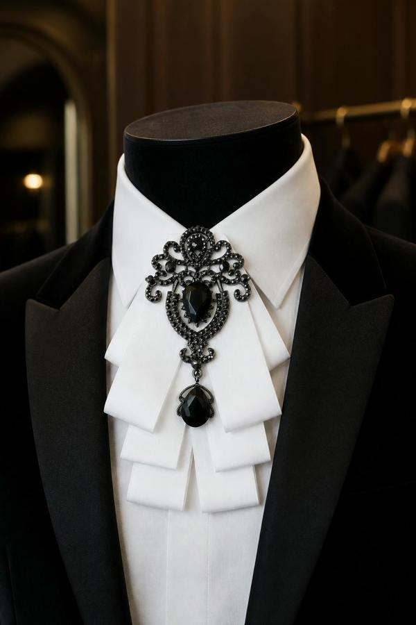 Pamoni Ornate Black Gem & White Ribbon Bow Tie Brooch