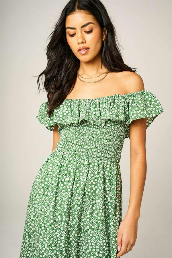 FS Collection Little Floral Print Hem Frill Detail Bardot Midi Dress In Green