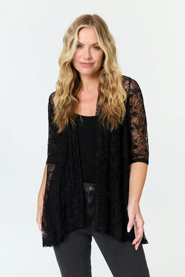 Black | Longline Lace Texture Waterfall Cardigan
