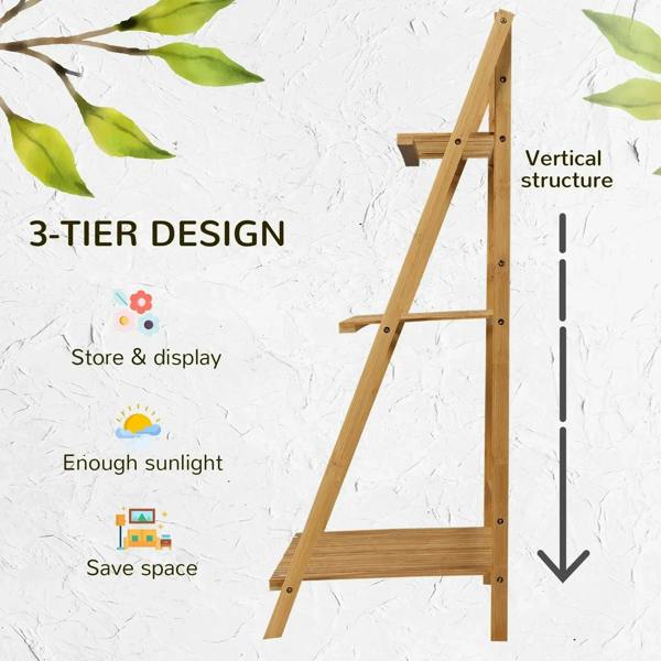 Folded bamboo plant stand frame with angled legs and upright storage position