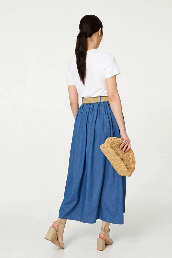 Blue | High Waist Belt Detail Denim Maxi Skirt