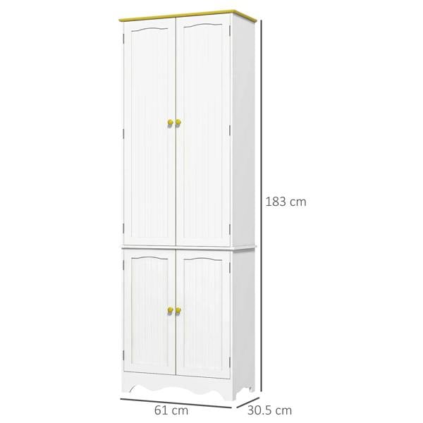White freestanding cabinet with four doors and yellow top trim, front view