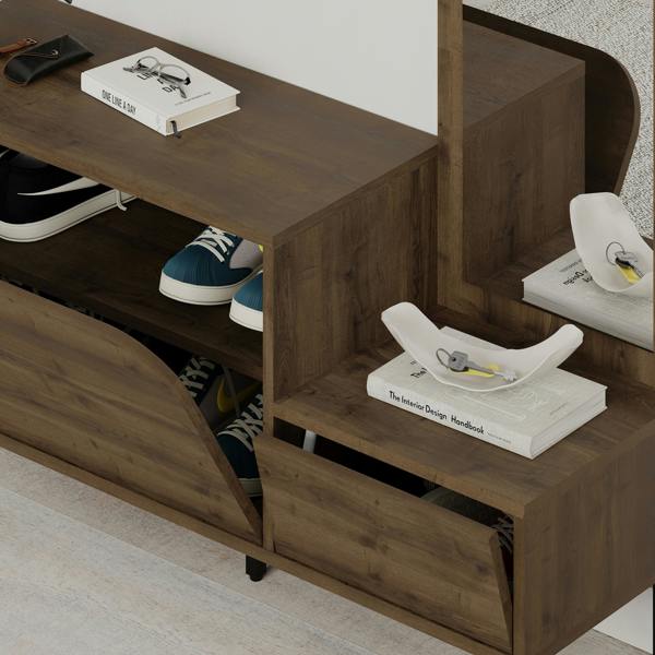 Decortie Modern Mila Coat Stand Set with Mirror and 2-Door Shoe Cabinet with 5 Metal Hooks Hanger 1.72(H)cm