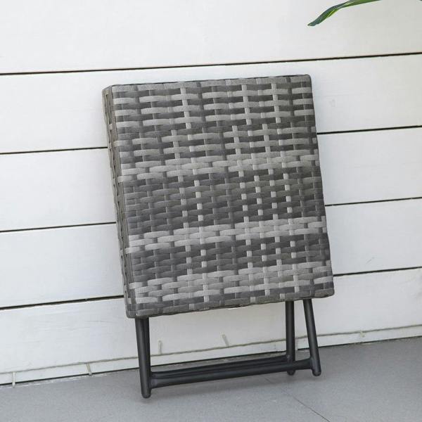 Grey woven square folding table upright with black steel frame