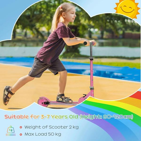 Pink kids scooter with glowing wheels, child standing and preparing to ride