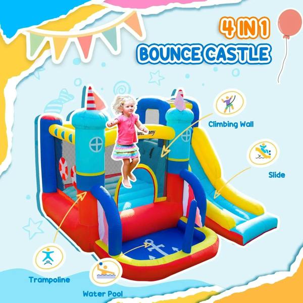 Kids inflatable bounce house with slide, climbing wall, and water pool, multi-color