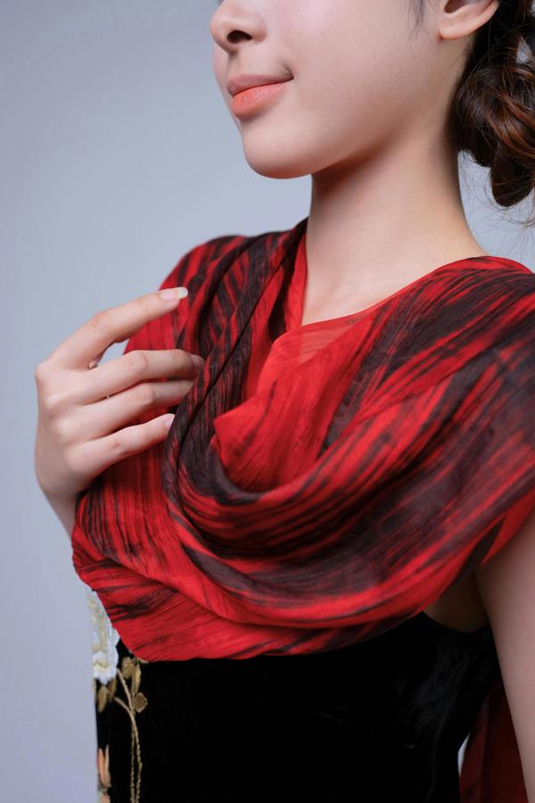 Red & Black Brushstroke Silk Scarf – Hand-Dyed Mulberry Silk, Evening Wrap & Gift