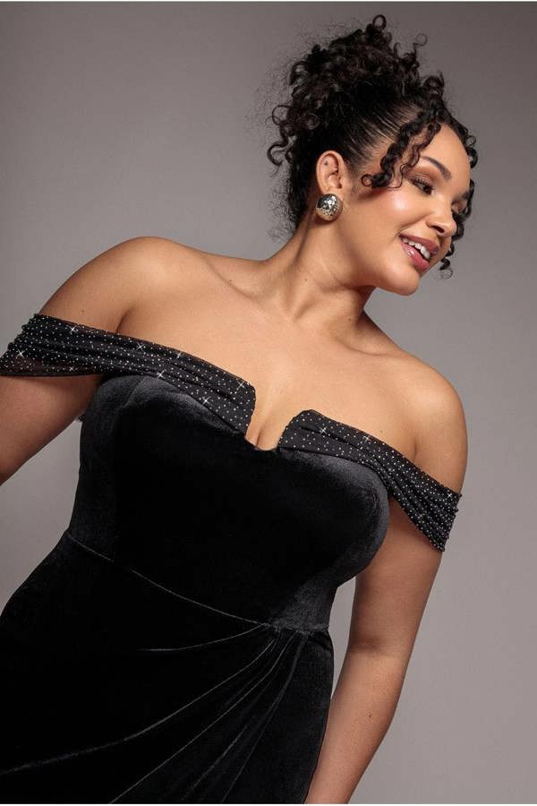 Goddiva Plus Off Shoulder Hotfix Diamante Wing Velvet Maxi Dress - Black by Goddiva Plus