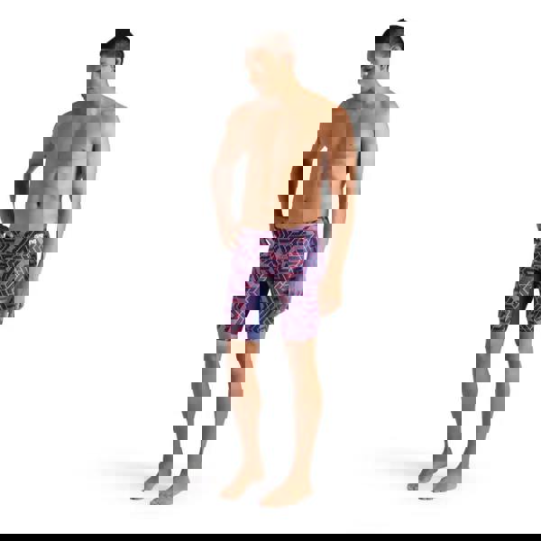 Arena Escape Swim Jammer in navy/team red with purple pink geometric pattern and blue side stripe