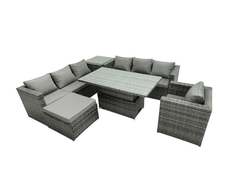 Fimous 8 Seater?Outdoor Rattan Sofa Set Adjustable Rising Lifting Side Tables Chairs Footstool Dark Grey Mixed