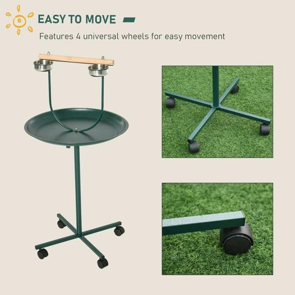 Green bird perch stand with round tray, two bowls, and four universal wheels
