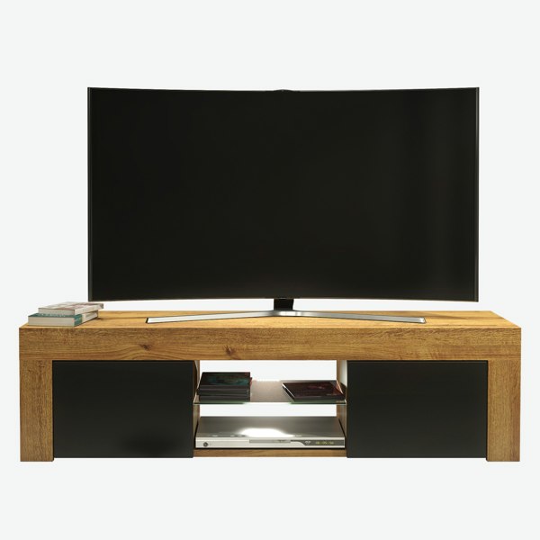 Mex Furniture 130cm Oak TV Unit Sideboard Cabinet with Black Matt Doors and Free LED Lights