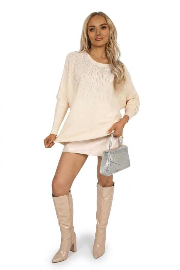 Haisley Long Sleeve Knitted Jumper With Embellished Neckline - Beige_wb