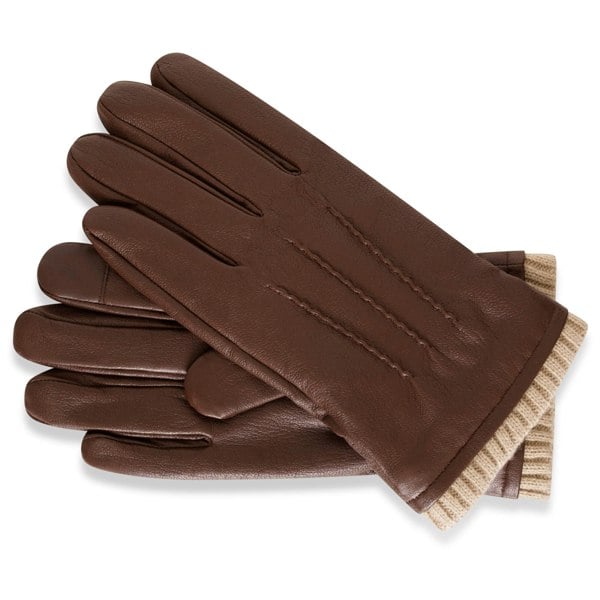 Image displays a pair of brown leather gloves for men. The gloves feature a cream coloured knitted cuff for extra insulation.