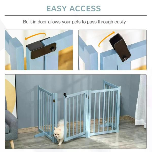 Blue dog gate barrier with built-in door latch and vertical bars