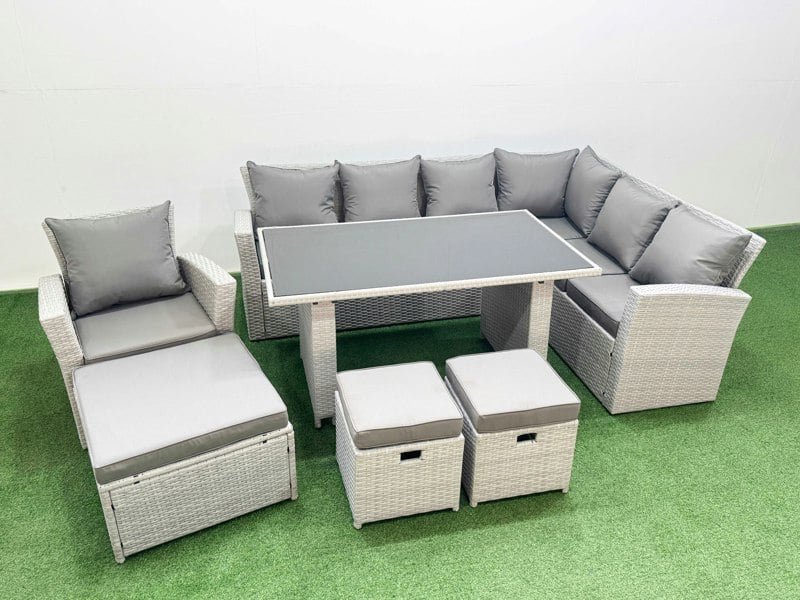 Fimous Outdoor Garden Furniture Set 10 Seater Rattan Corner Sofa Set with Rectangular Dining Table Sofa 3 Footstools Armchair Light Grey