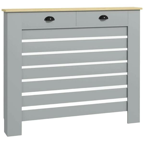 Grey radiator cover cabinet with drawer, slatted front and two black knobs, light wood top